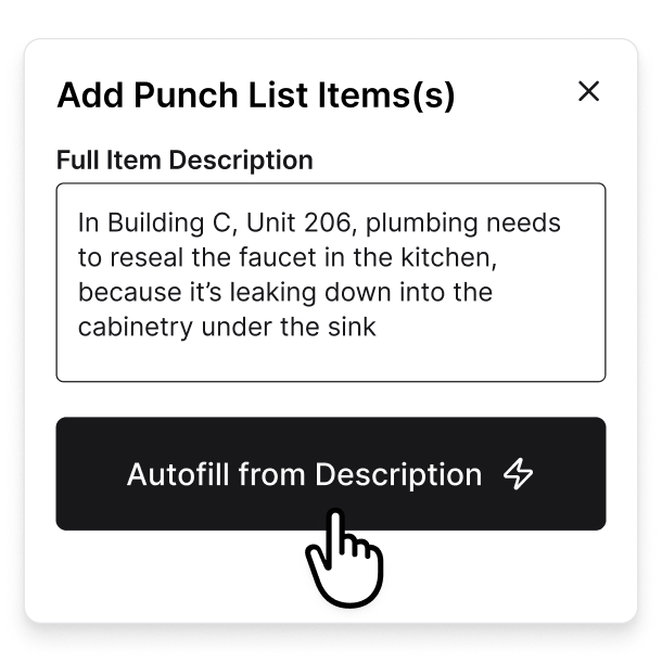 An image showing how Constructable users can autofill all of the required punch item form fields with a single click. This feature uses AI to automatically fill in the fields based on the full context of the project data, such as the appropriate assignee, trade, and location of the deficiency, saving users time and reducing errors.