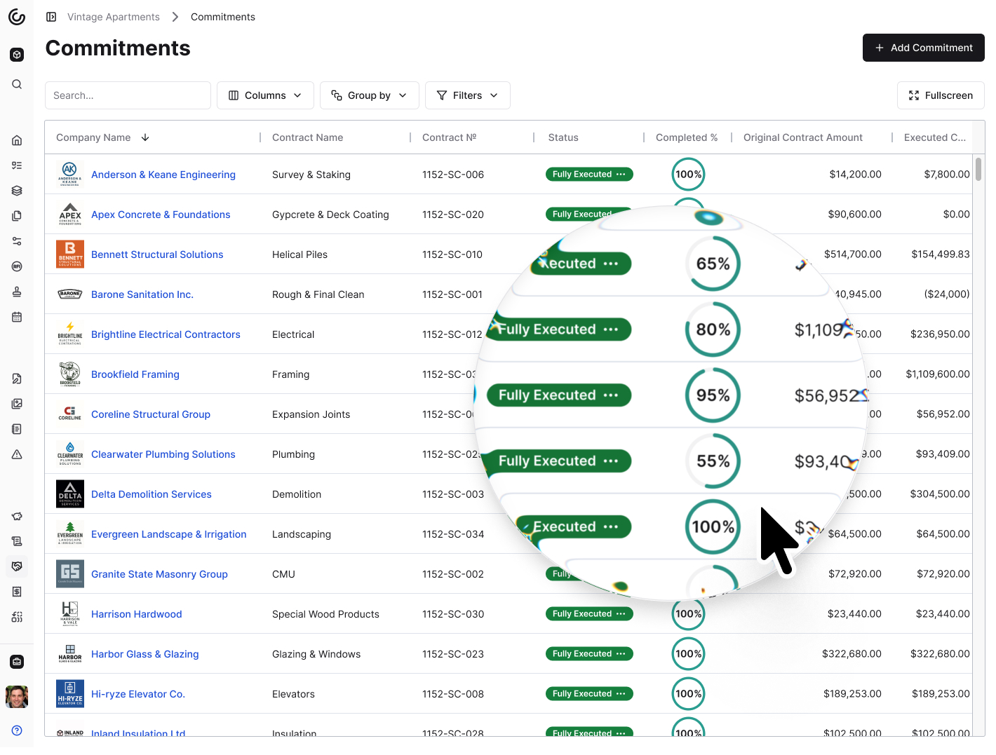 A screenshot of Constructable's commitments feature, showing a list of all of the project's commitments with their details, including the vendor or subcontractor name, commitment type, description, amount, and overall progress based on the invoices that have been submitted and approved. Constructable supports prime contracts, subcontractor commitments, and vendor purchase orders, and allows users to create, edit, and delete commitments, and upload all necessary documents and attachments for each one.