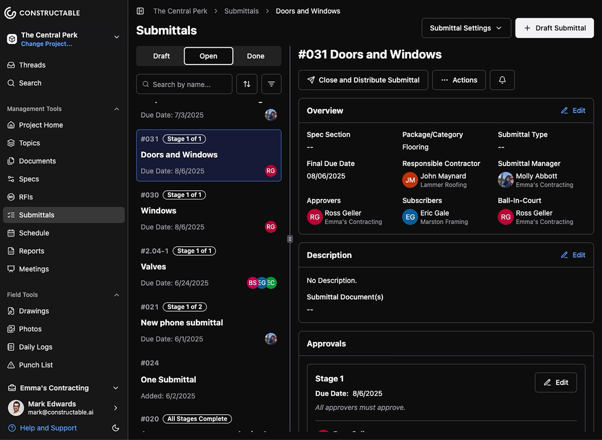 A screenshot of Constructable's Submittals feature with the Dark Mode feature toggled on in the app. Users can toggle between light and dark mode to customize their viewing experience. The screenshot shows the dark mode interface with a dark background and light text, providing a comfortable viewing experience and reducing eye strainfor users who work late at night, or who simply prefer a darker viewing experience.