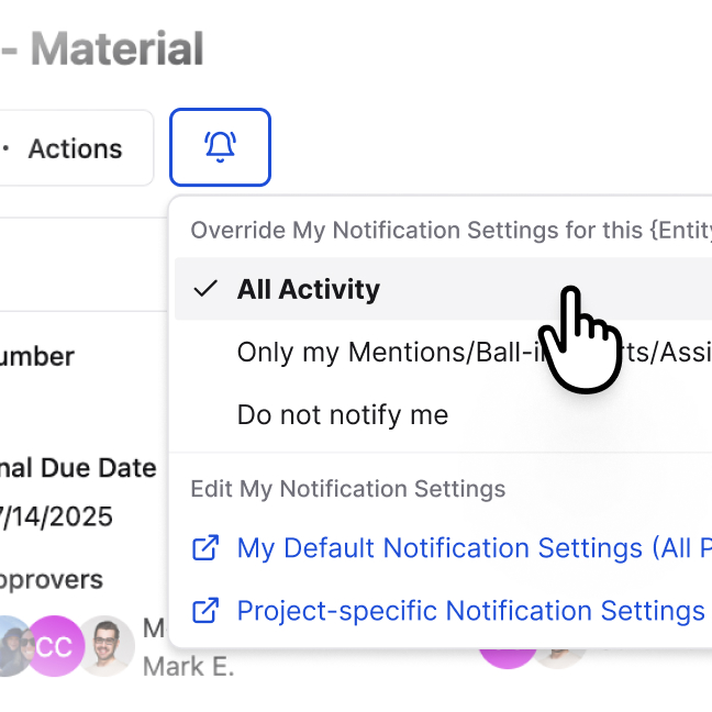 A screenshot of Constructable's notification preferences dropdown menu, showing that users have the ability to override the default notification settings for a given item like a submittal or RFI, so that they can receive more or less notifications for that item, if desired. Constructable lets users set notification preferences at the user level (across all their projects), which can then be further overridden at the project level or even specific item level. Users can also set the frequency of the notification email, which can be once a day, twice a day, or three times a day, to help reduce notification fatigue and make it easier to stay on top of all of the project's notifications without getting overwhelmed.