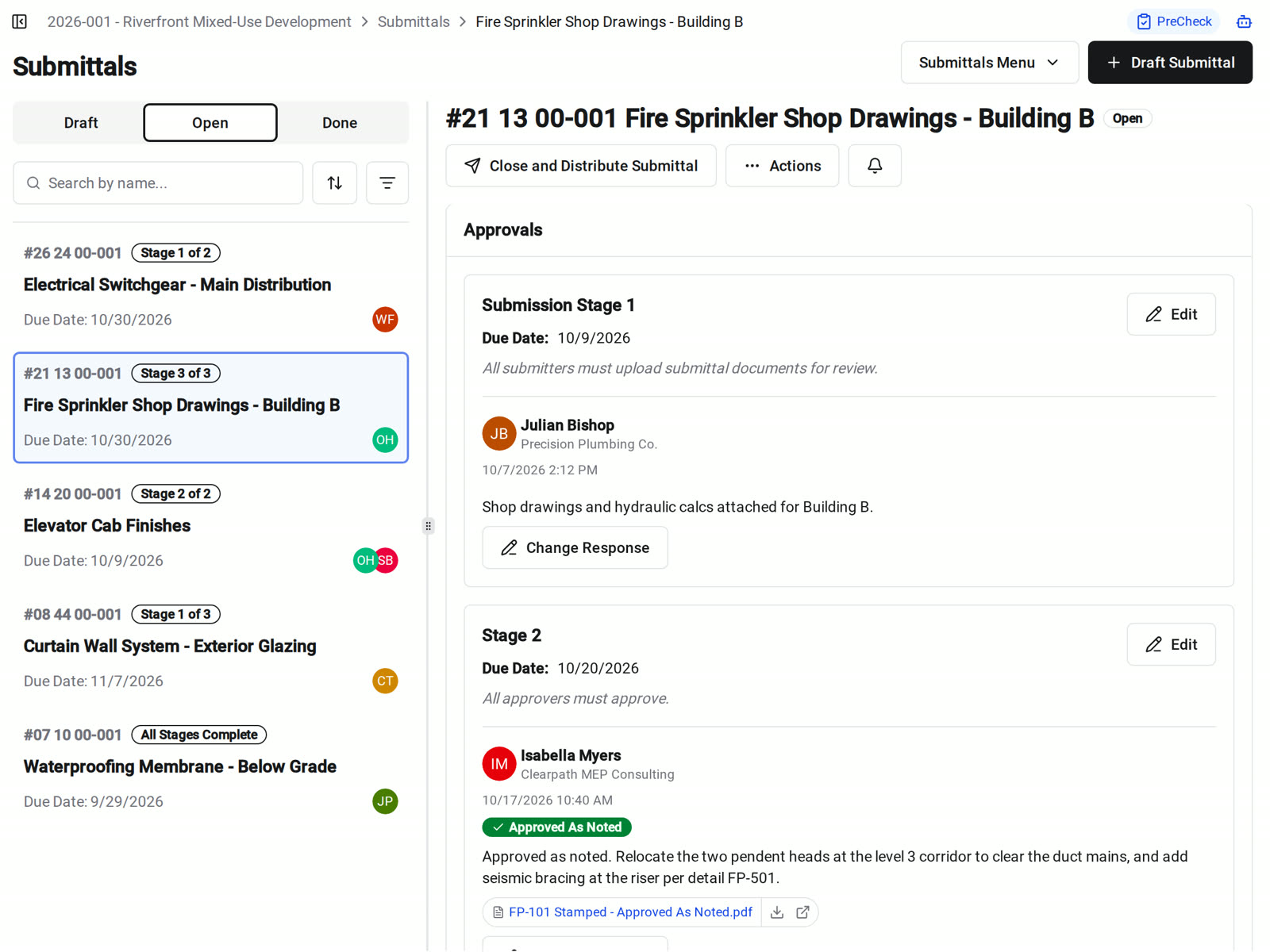 The approval path of a fire sprinkler submittal in Constructable, with the sub's submission complete and the engineer's Approved As Noted response and stamped drawing attached