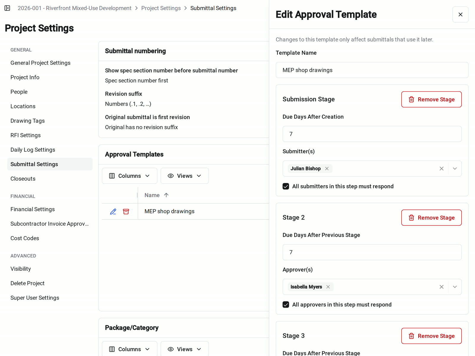 An approval template open in Constructable's Submittal Settings, with a submission stage for the sub and a review stage for the engineer, each with its due days