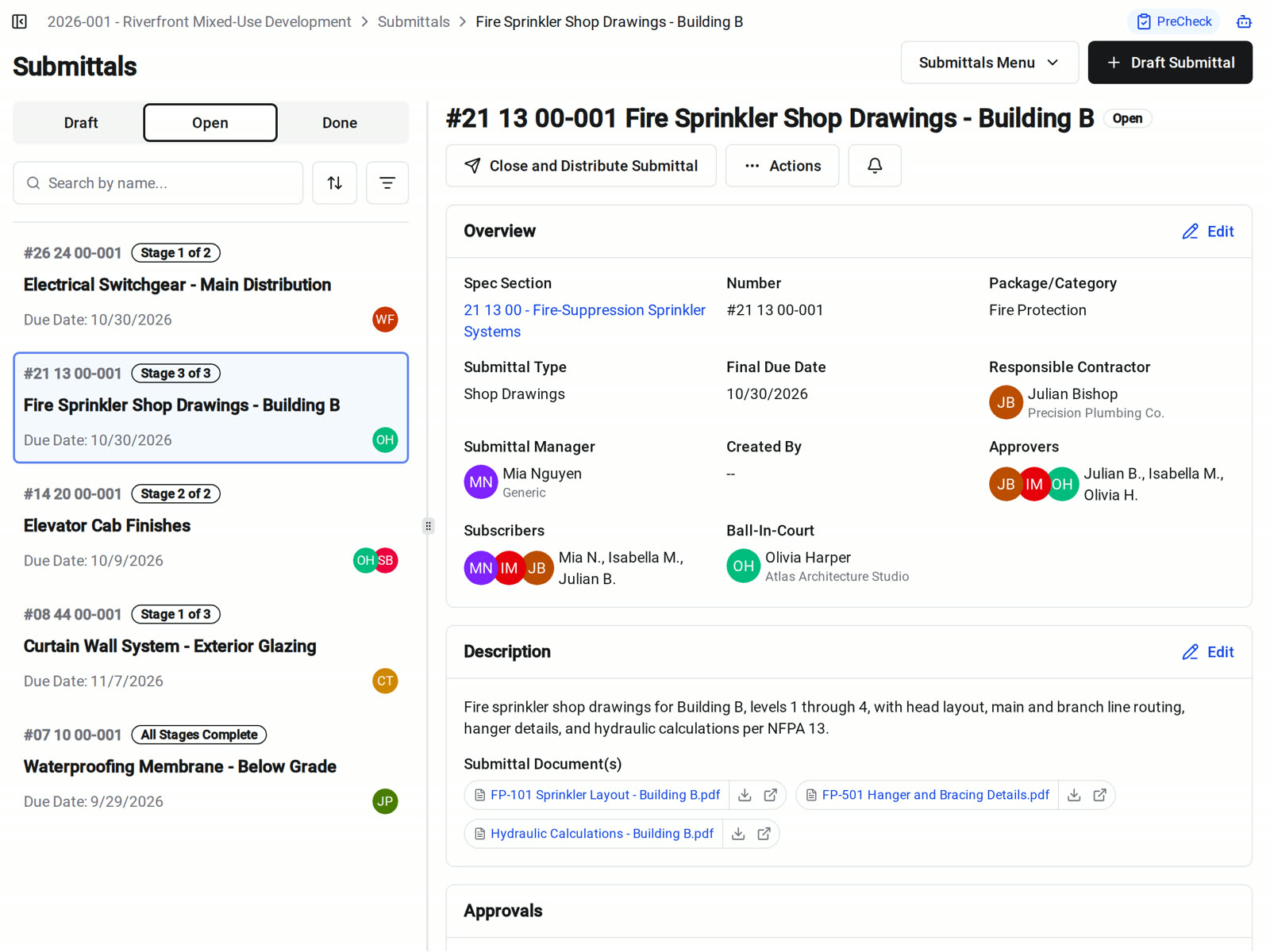 Open submittals in Constructable with each one's current stage and due date, and a fire sprinkler submittal open to its ball-in-court, approvers, and submittal documents
