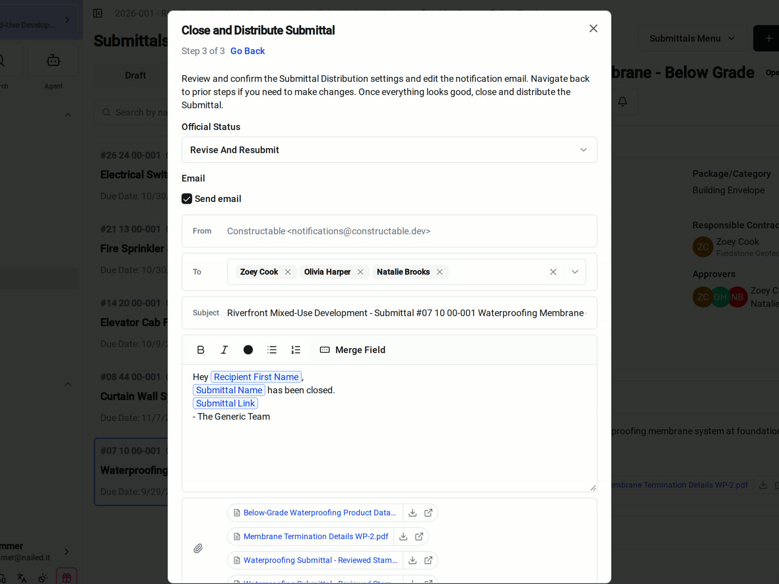Step 3 of Close and Distribute Submittal in Constructable, with the Official Status set to Revise And Resubmit, the recipients, the email, and the attachments that go out