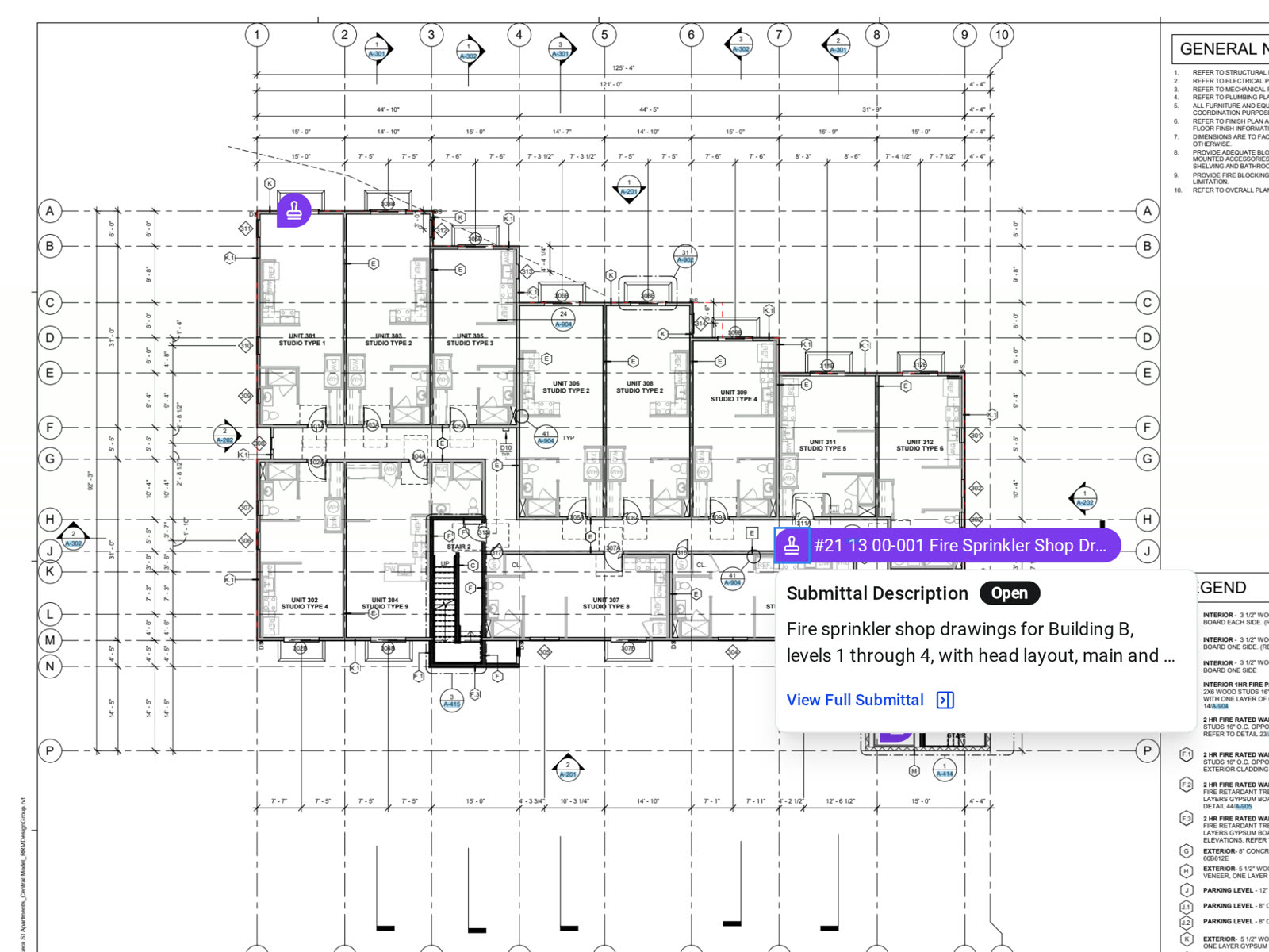 Submittal pins on a third floor plan in Constructable, with the fire sprinkler submittal's pin open to its description and status