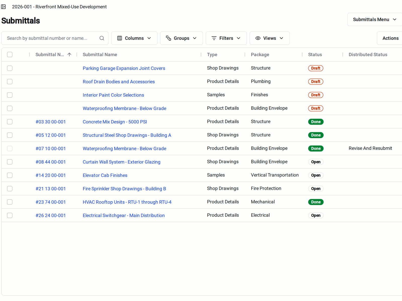 The submittals table in Constructable with numbers, types, packages, statuses, distributed status, and current stage, including a draft revision of a waterproofing submittal above the distributed original